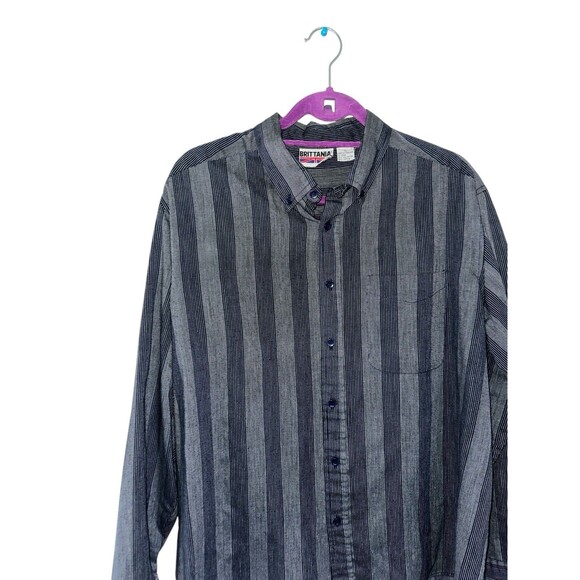 Brittania XL Blue Gray Striped Button Down Shirt 90s Retro Casual Street Style - Picture 10 of 16